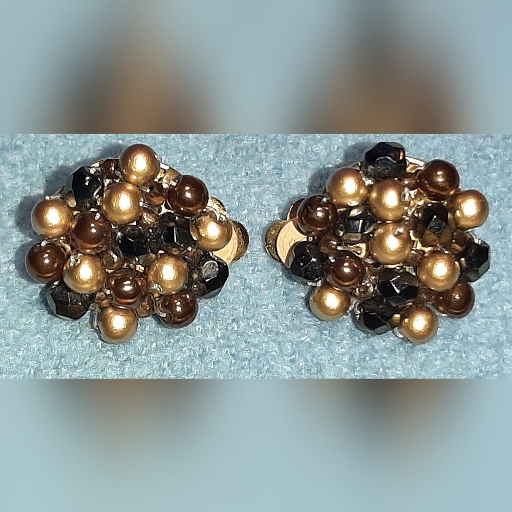 SATELLITE PARIS | Brown & Gold Beads, Clip Earrings